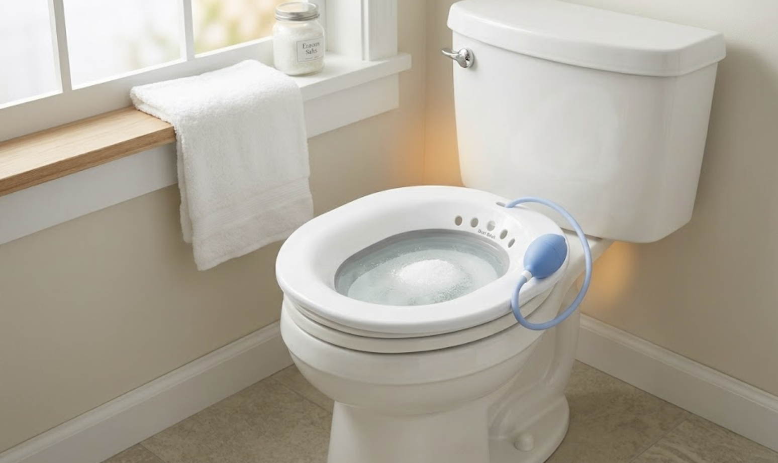 Portable AquaNési bidet placed on a toilet bowl in a bright, clean bathroom