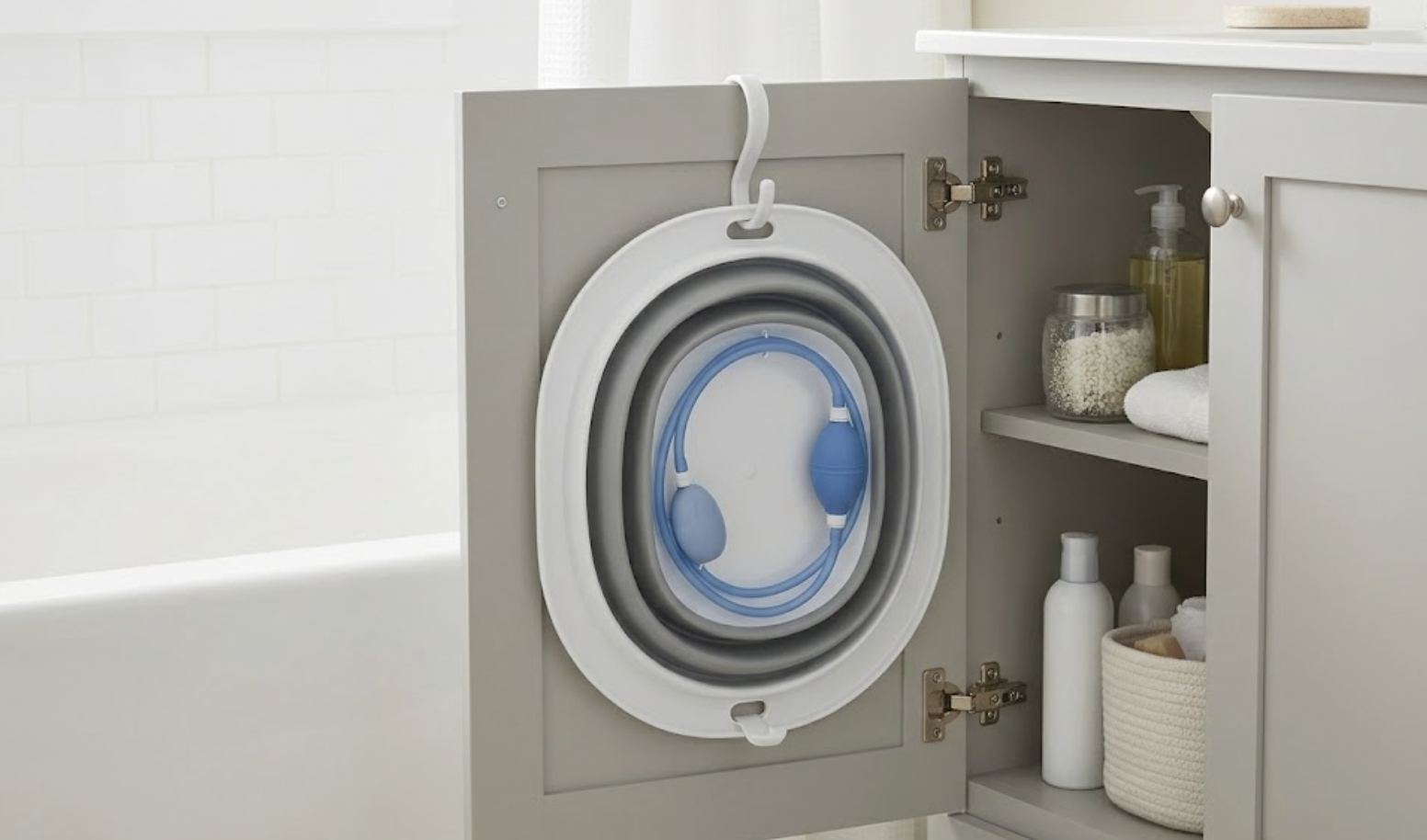 AquaNési folded and stored in a bathroom cabinet