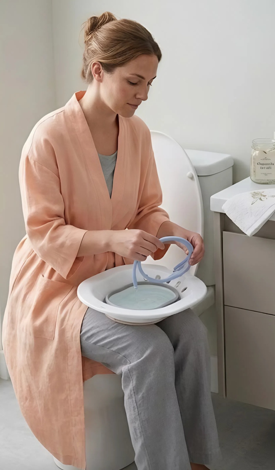 Woman in a robe gently using a portable bidet